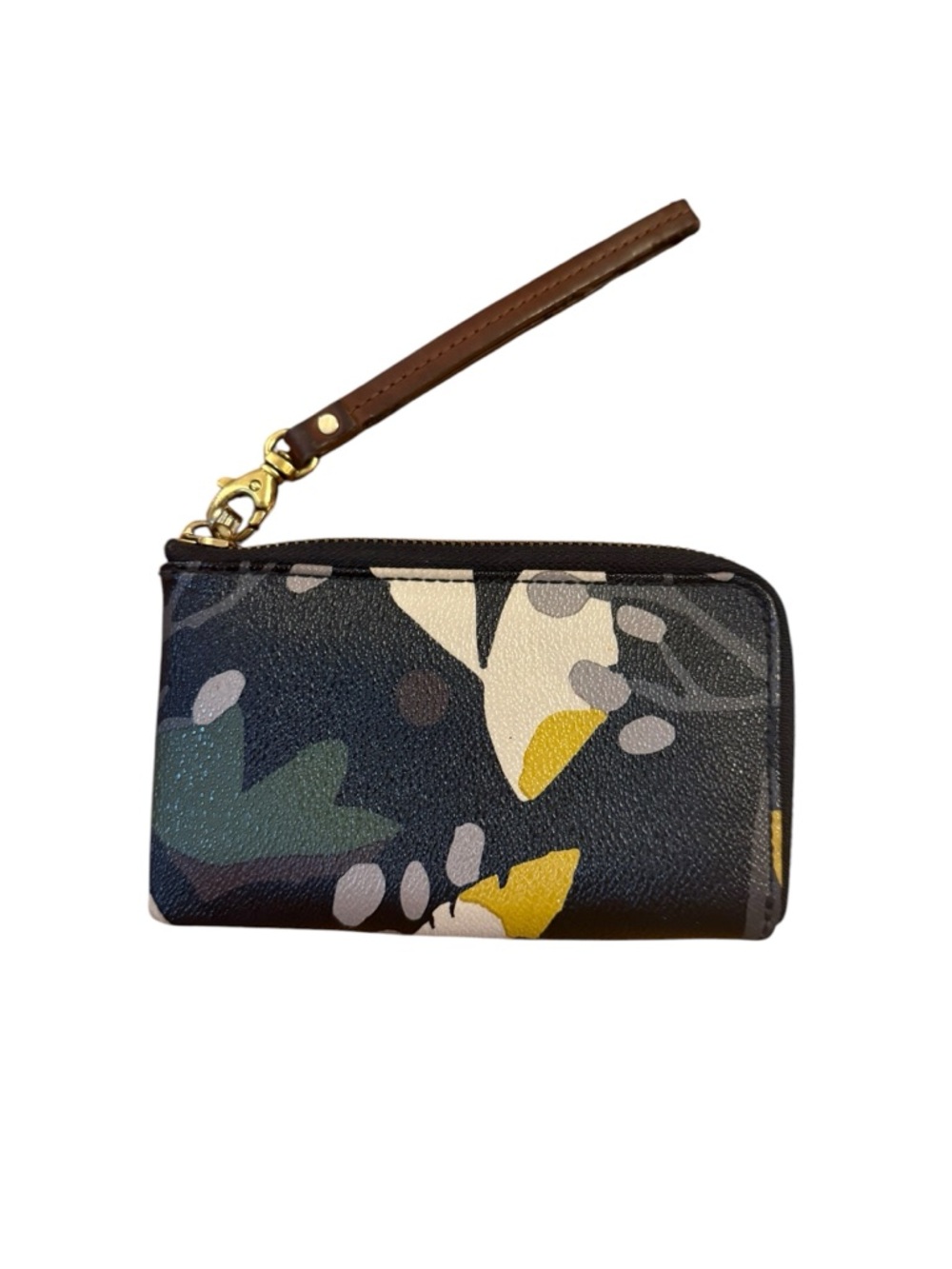 Fossil Black Floral Print Wristlet Clutch with Brown Strap